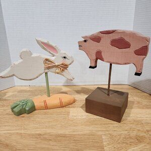 2 Farmhouse Wooden Decorative Painted Pig and Rabbit on Natural Wooden Stand